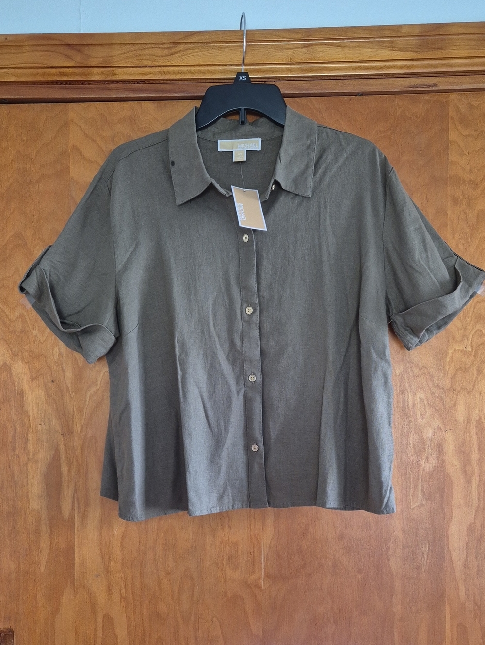 MICHAEL Michael Kors Women’s Linen Blend Button-Down Shirt - Safari Green,size L